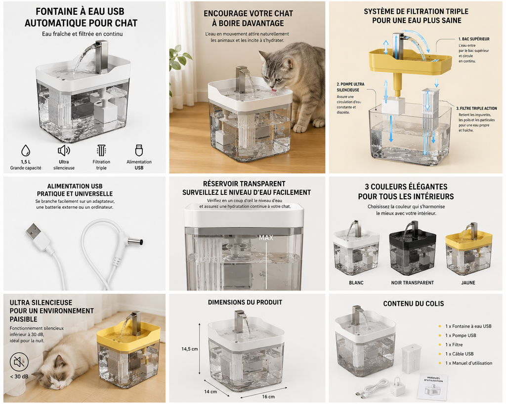 Fontaine à eau automatique USB 1,5 L pour chiens et chats